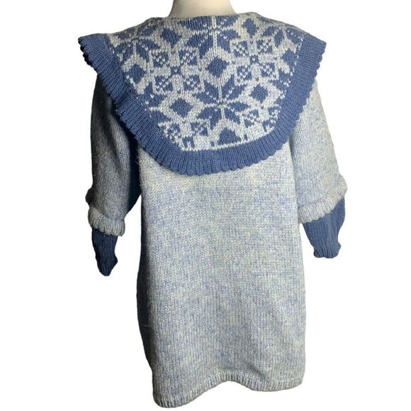 Vintage 80s Cardigan Sweater Jacket M Blue Chunky Knit Buttons Pockets Collared - Picture 4 of 5